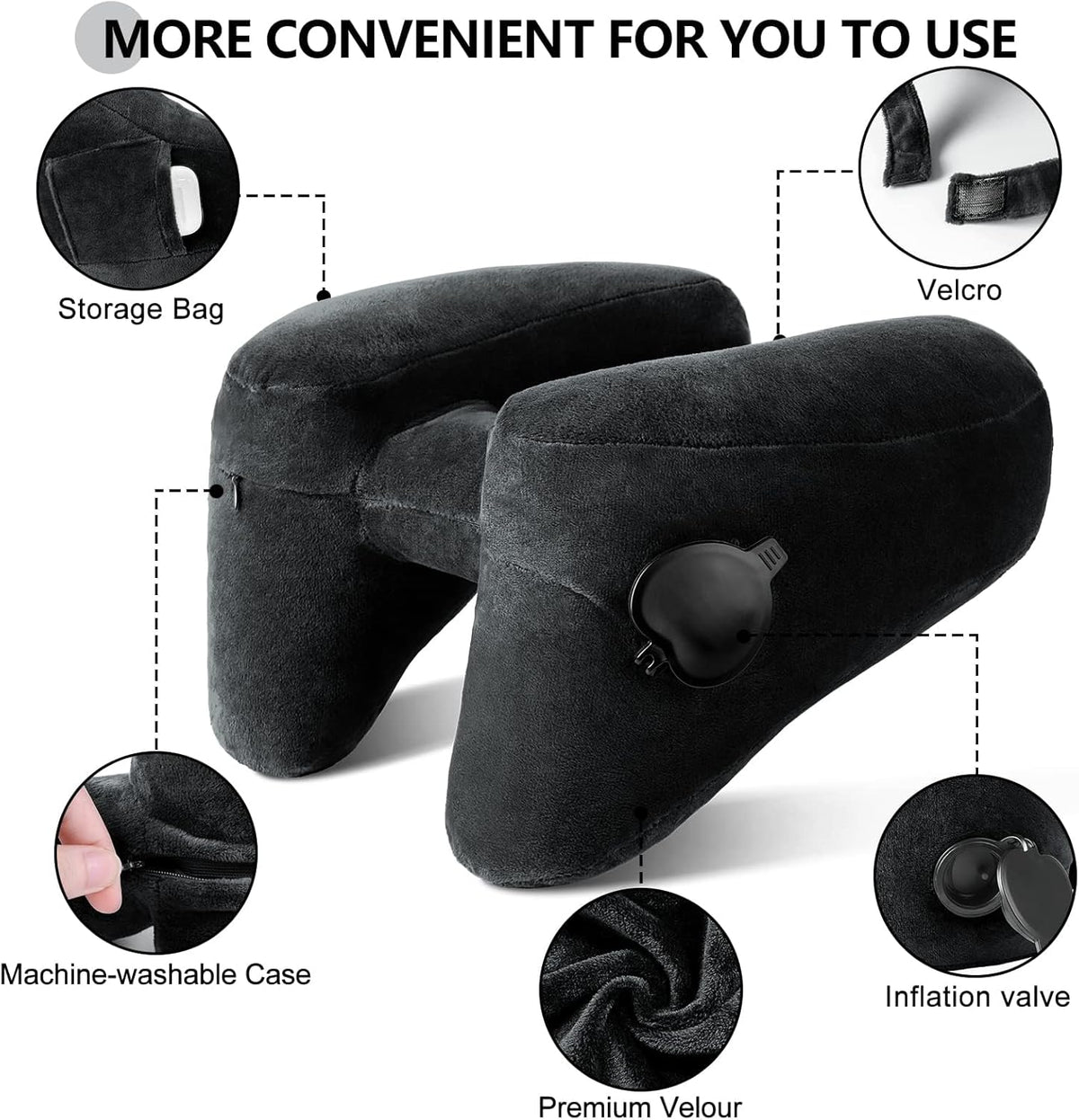 Sunany Travel Neck Pillow for Airplane Pillow Comfortably Supports Head, Neck and Chin, Inflatable Travel Pillow with Soft Velour Cover and Portable Drawstring Bag (Black, H-Shape)
