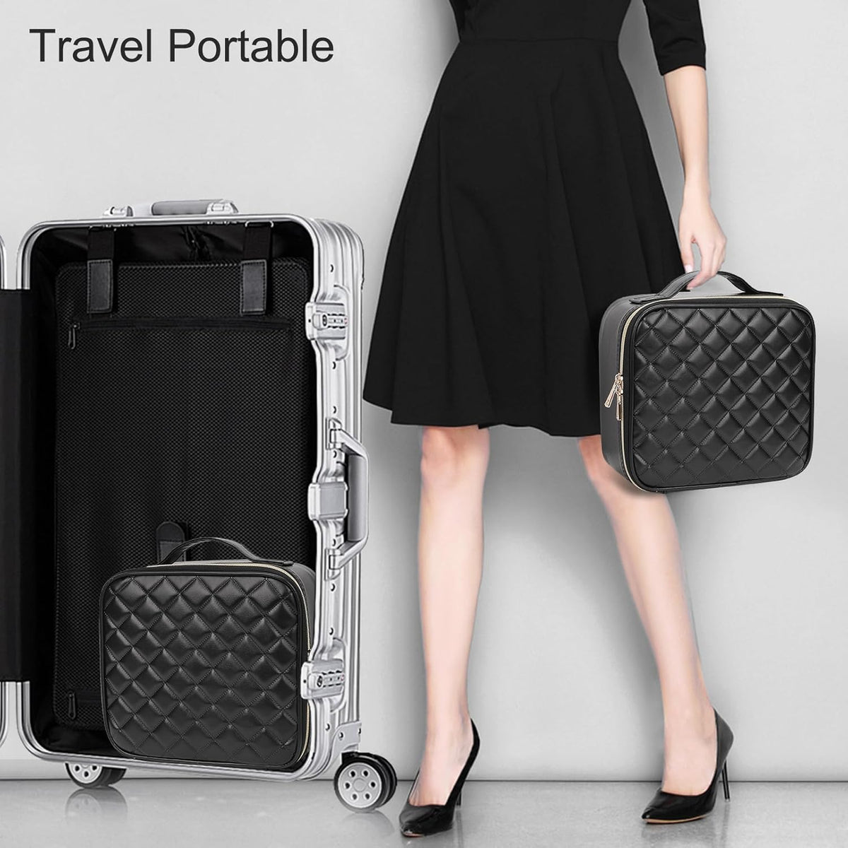 Relavel Travel Makeup Train Case Makeup Cosmetic Case Organizer Portable Artist Storage Bag with Adjustable Dividers for Cosmetics Makeup Brushes Toiletry Jewelry Digital Accessories Black