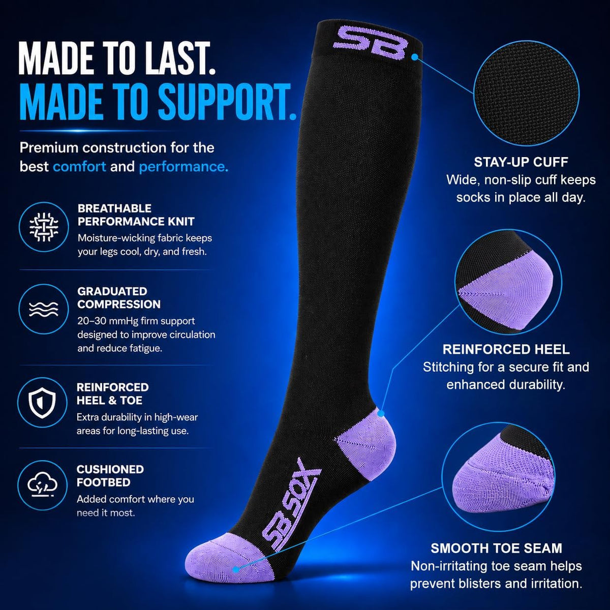 SB SOX Compression Socks for Men & Women (20-30mmHg) – Best Compression Socks for Flying, Medical, Sports, Wide Calf Fit, and Daily Wear