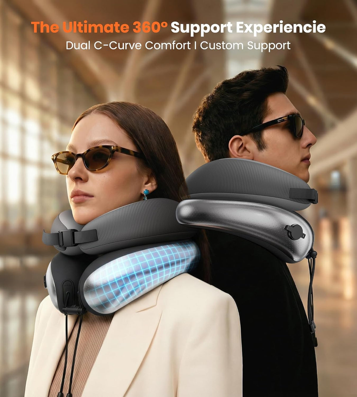 Neck Pillow for Traveling, Travel Pillows for Airplanes, Adjustable Neck Pillow Airplane Travel Essentials - 2 Layer Patented | Inflatable Air Loop & Memory Foam for 360° Ergonomic Support