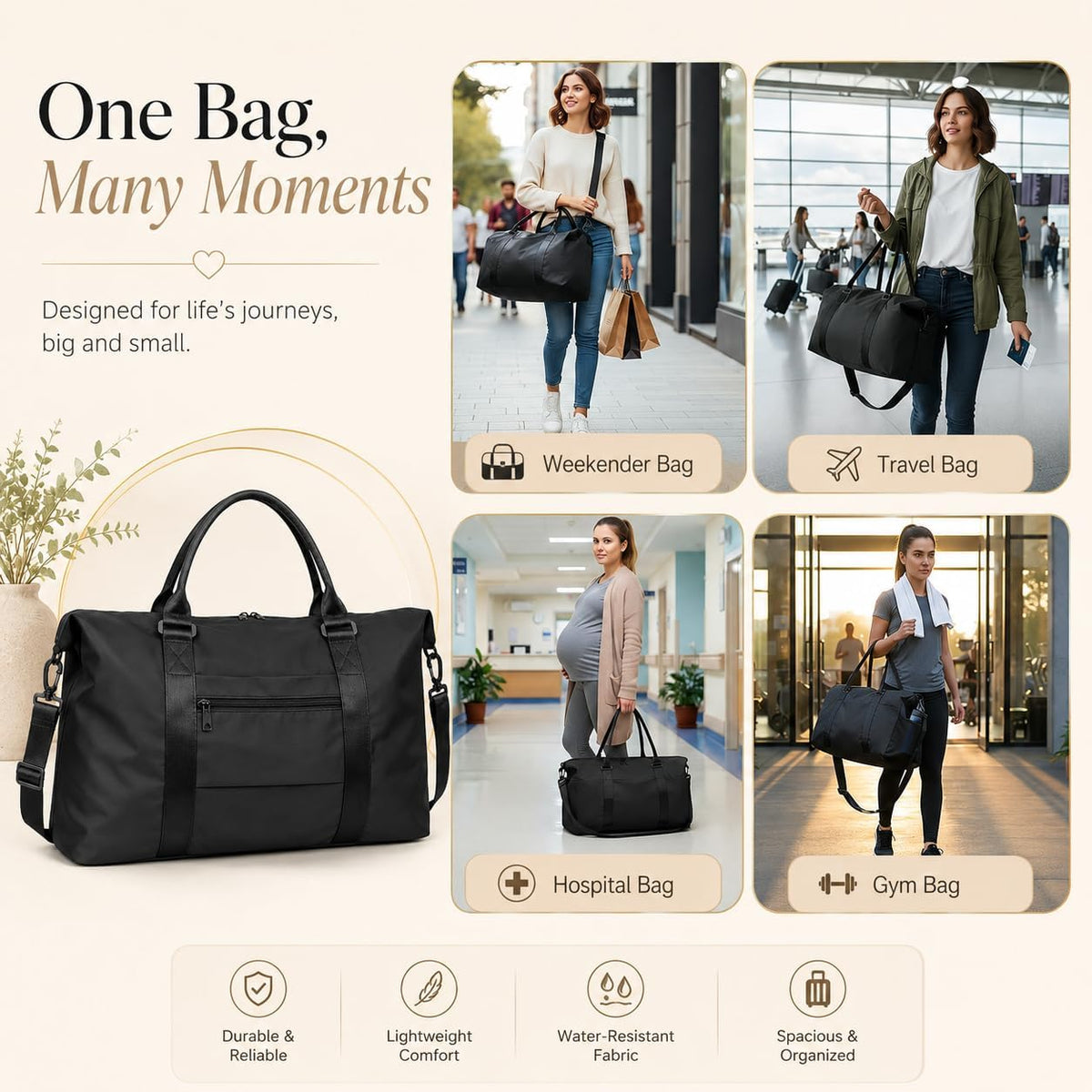 Travel Duffle Bag, Weekender Travel Bag Men Small Gym Bag for Women, Hospital Bag for Labor and Delivery, Overnight Bag Luggage Bag with Trolley Sleeve, Airplane Travel Essentials for Flying(Black)