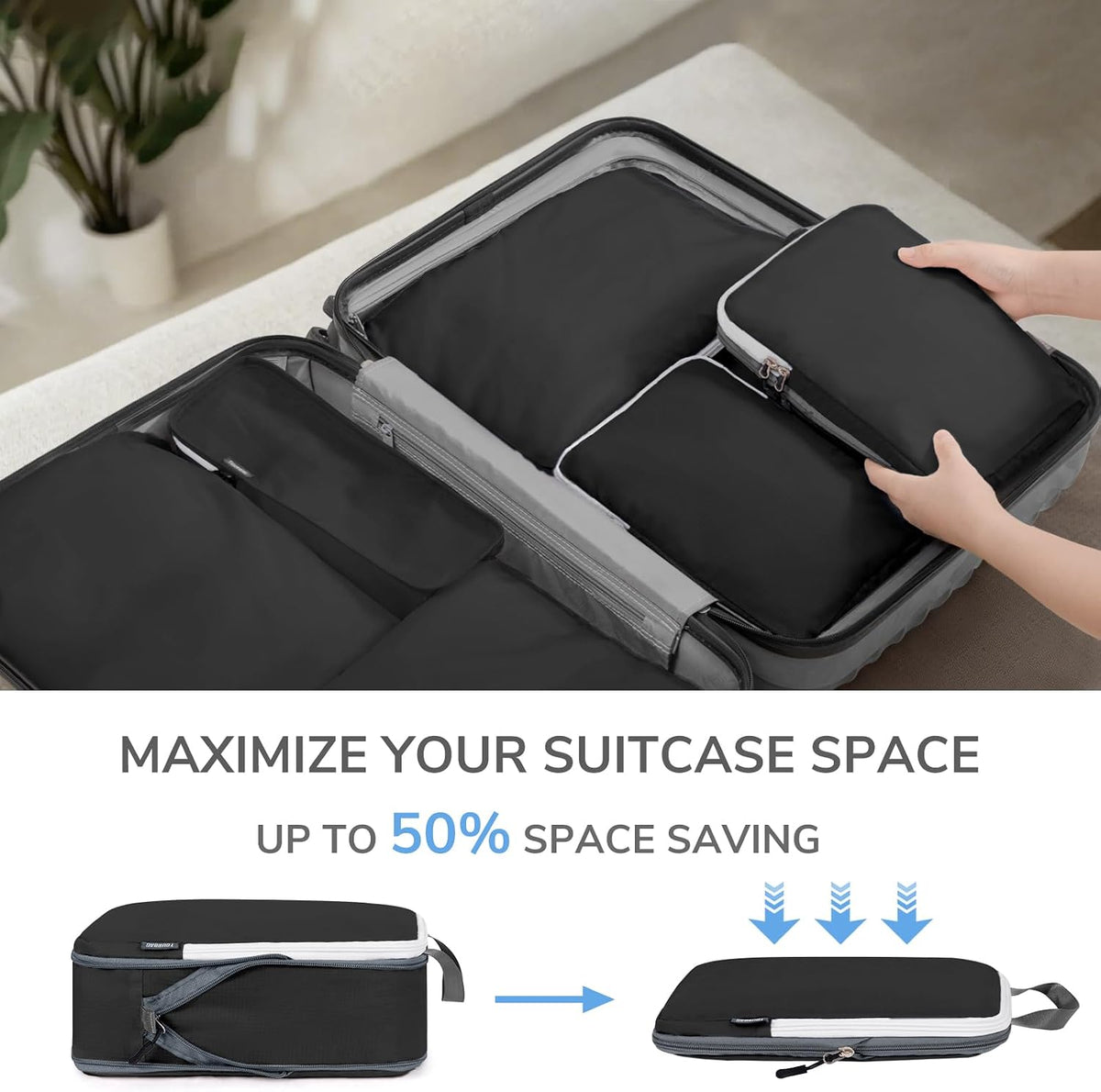 CherryNow Compression Packing Cubes, 7 Set Packing Cubes Compression, Travel Essentials, Travel Organizer for Shoes, Clothing, Grey