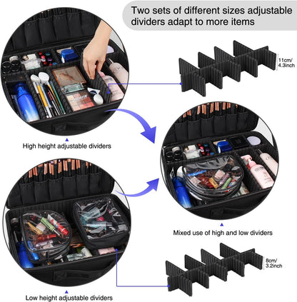 Relavel Travel Makeup Train Case Makeup Cosmetic Case Organizer Portable Artist Storage Bag with Adjustable Dividers for Cosmetics Makeup Brushes Toiletry Jewelry Digital Accessories Black