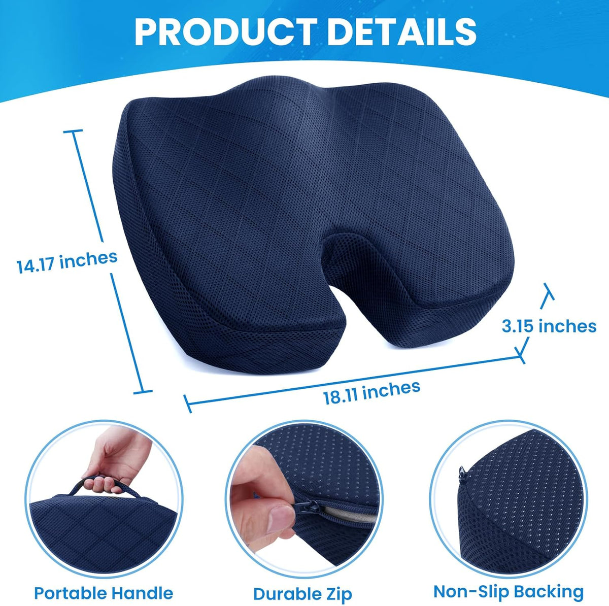 TushGuard Seat Cushion, Memory Foam Office Chair Cushion - Grey, Large