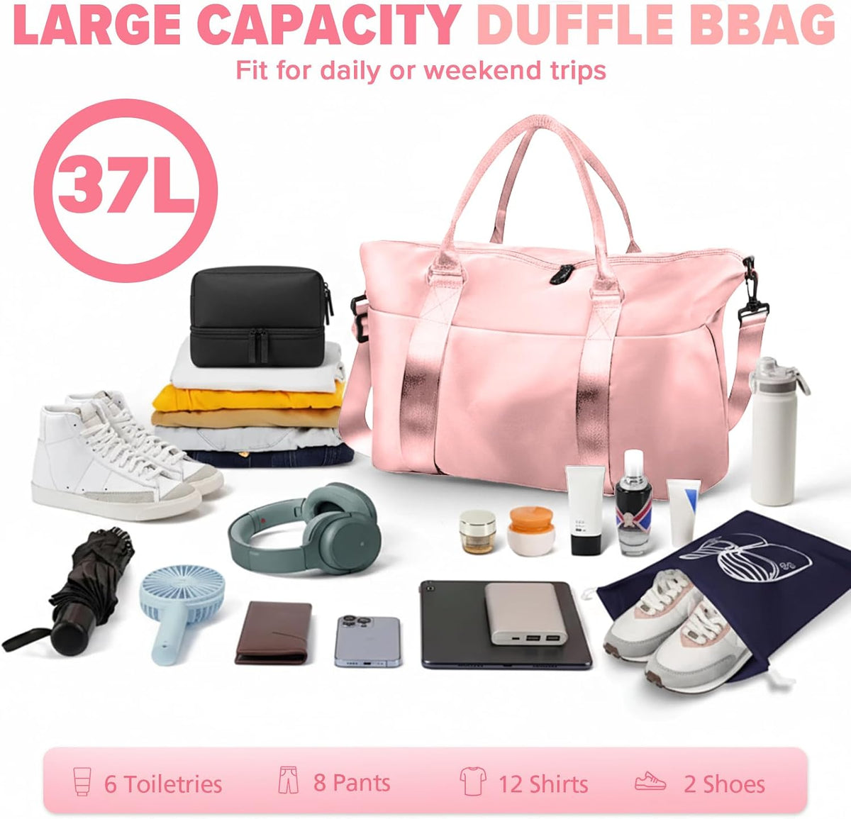 Travel Duffle Bag, Weekender Travel Bag Men Small Gym Bag for Women, Hospital Bag for Labor and Delivery, Overnight Bag Luggage Bag with Trolley Sleeve, Airplane Travel Essentials for Flying(Black)