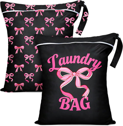 2 Pcs Large Travel Laundry Bags Waterproof Wet Dry Bag, Washable Dirty Clothes Bags for Travel，Drawstring, Bathing Suit, Workout, Gym Clothes Laundry, Swimming Pool & College Dorm, Pink Bow