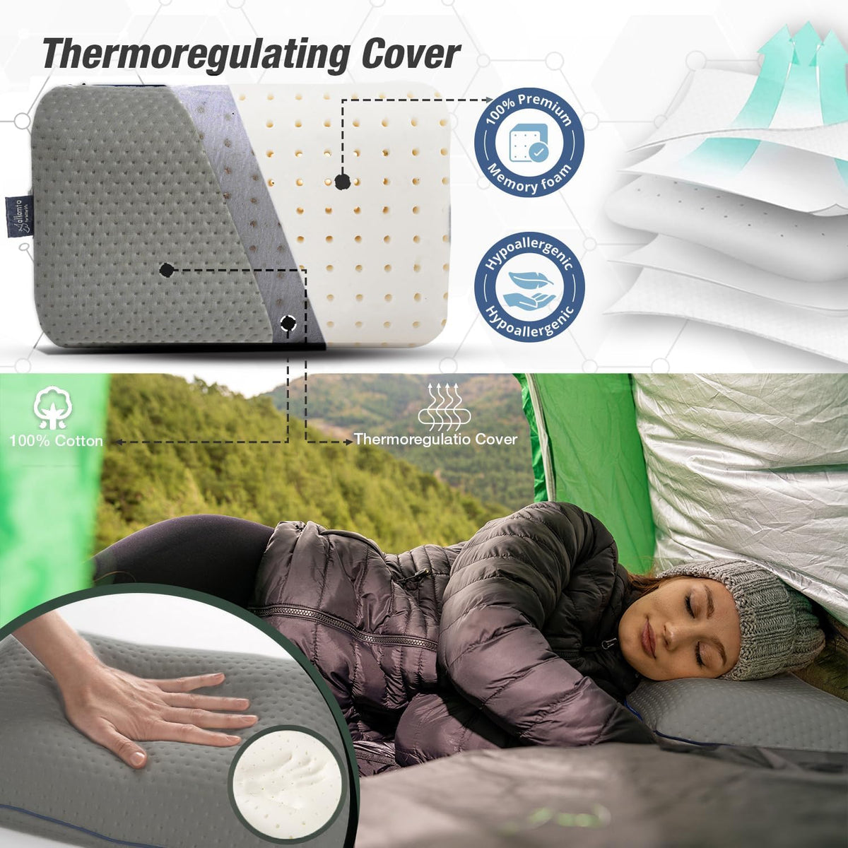 Travel & Camping Comfortable Memory Foam Pillow – Easy to Carry Portable Bag – Temperature Regulating Pillow Case