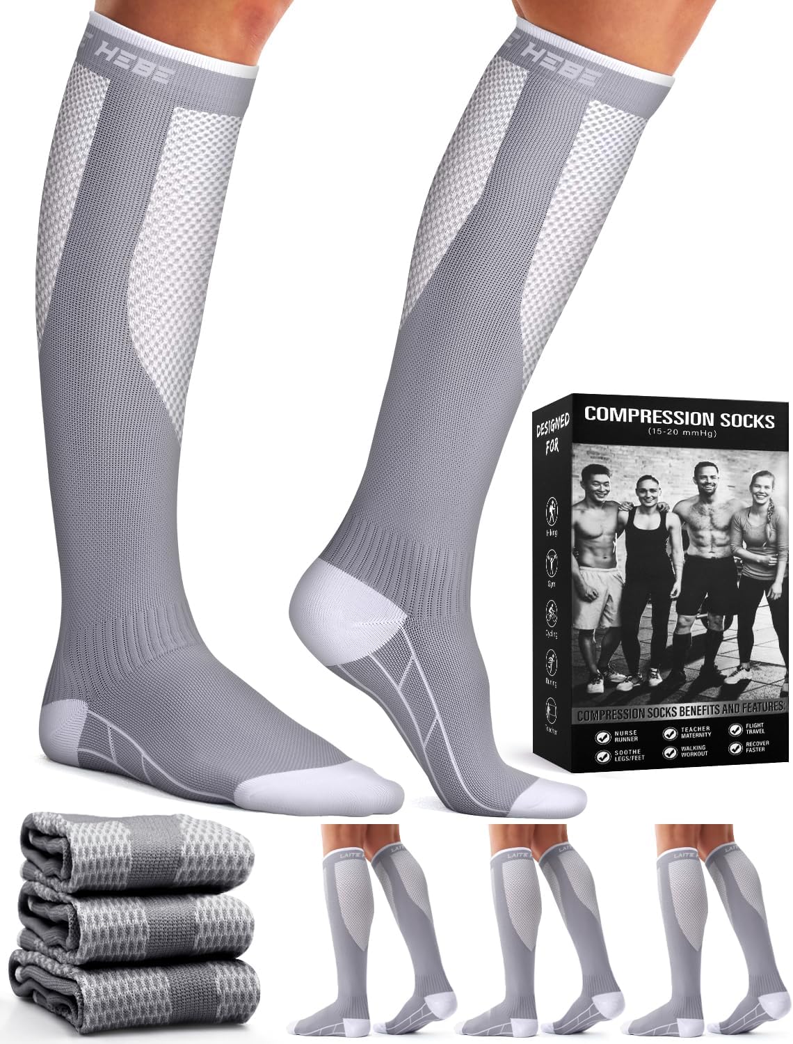 Laite Hebe 3 Pack Medical Compression Sock-Compression Sock For Women and Men Circulation -Best for Running,Nursing,Athletic Sports