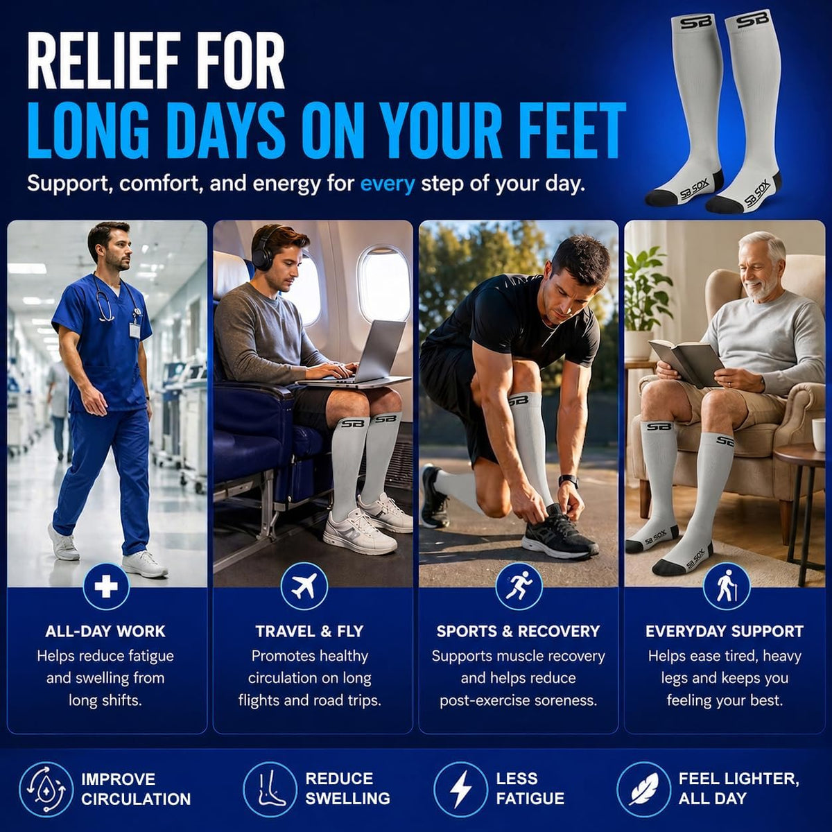 SB SOX Compression Socks for Men & Women (20-30mmHg) – Best Compression Socks for Flying, Medical, Sports, Wide Calf Fit, and Daily Wear