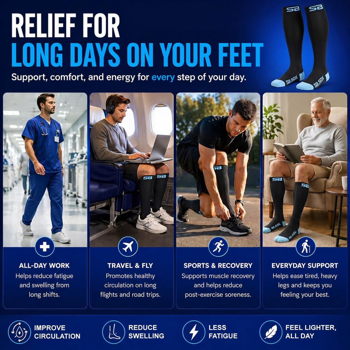 SB SOX Compression Socks for Men & Women (20-30mmHg) – Best Compression Socks for Flying, Medical, Sports, Wide Calf Fit, and Daily Wear