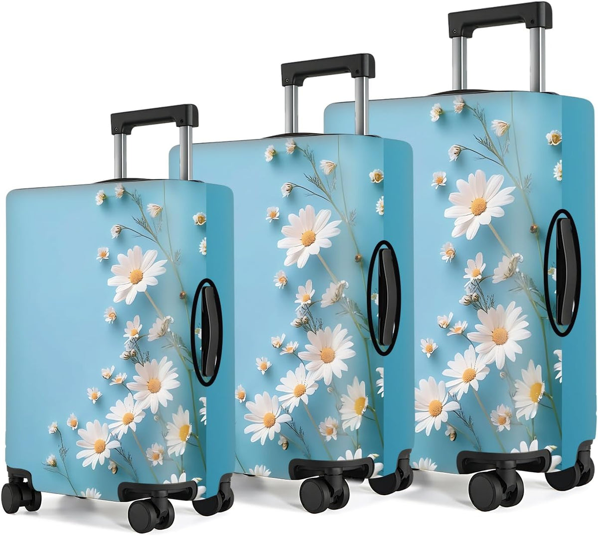 All Over Daisy Print Luggage Cover – Blue Suitcase Protector with White Floral Pattern, Washable Stretch Travel Case for 32-34 Inch Luggage,XL