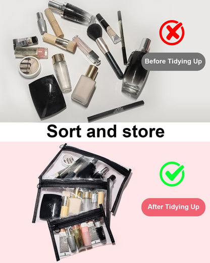 Clear Makeup Bags, 3 Pack Small Cosmetic Toiletry Bags with Zipper, PVC Clear Travel Bags for Women and Men Travel Airport Organizing, Black
