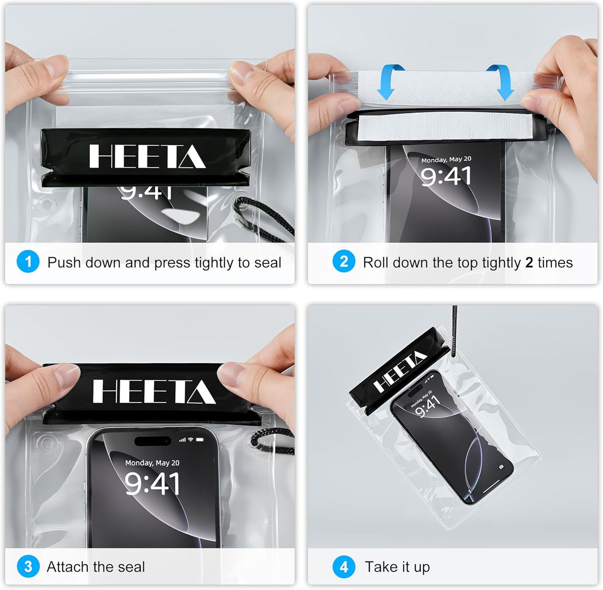 HEETA 5-Pack Clear Waterproof Dry Bag Pouch, Water Tight Cases Dry Bags Document Holder for Camera Mobile Phone Maps, Kayaking Boating