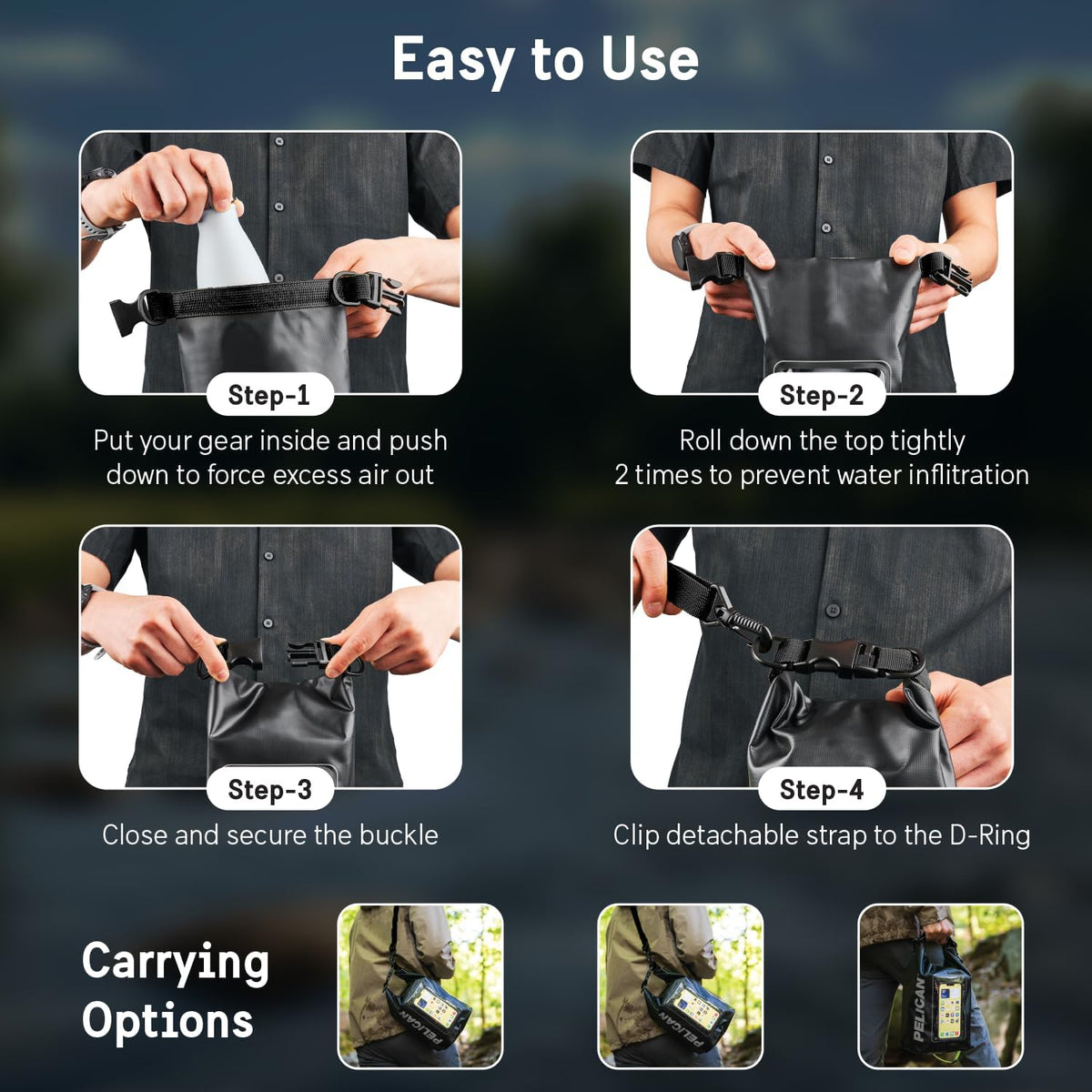 Pelican Marine IP68 Waterproof Dry Bag 2L - Roll Top Waterproof Backpack w/Phone Case/Pouch - Boating & Kayak Accessories - Essentials for Camping Swimming Beach Fishing Rafting Travel - Black/Yellow