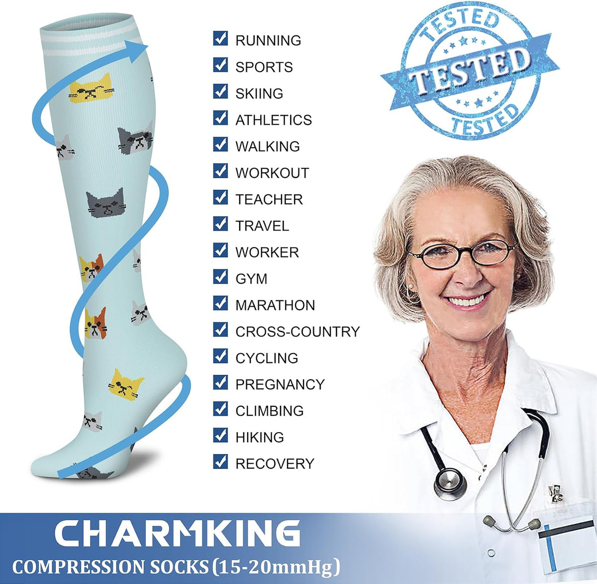 CHARMKING Compression Socks for Women & Men Circulation (8 Pairs) 15-20 mmHg Best Calf Socks Support for Athletic Cycling - Colors B