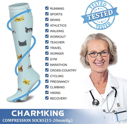 CHARMKING Compression Socks for Women & Men Circulation (8 Pairs) 15-20 mmHg Best Calf Socks Support for Athletic Cycling - Colors B