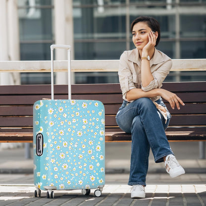 All Over Daisy Print Luggage Cover – Blue Suitcase Protector with White Floral Pattern, Washable Stretch Travel Case for 32-34 Inch Luggage,XL
