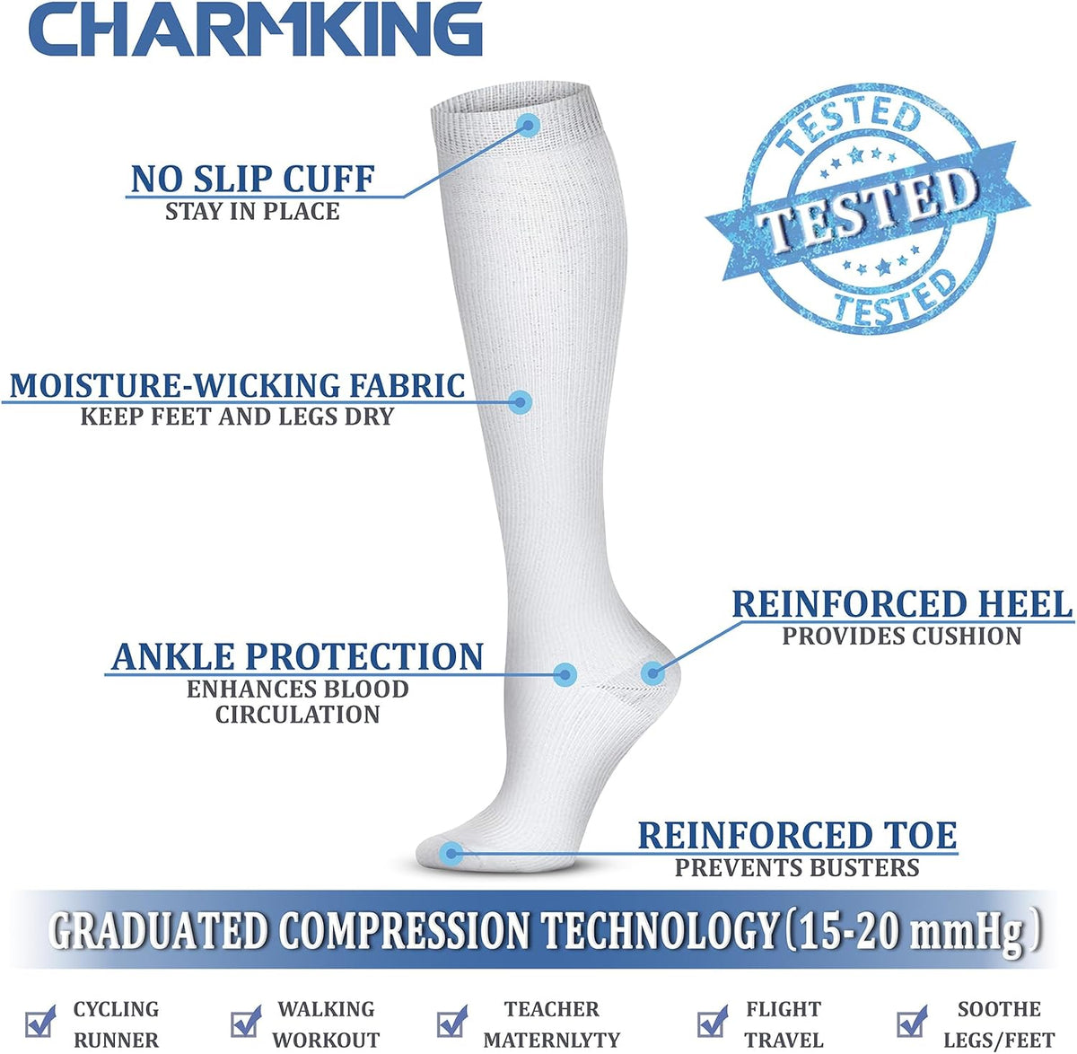 CHARMKING Compression Socks for Women & Men Circulation (8 Pairs) 15-20 mmHg Best Calf Socks Support for Athletic Cycling - Colors B