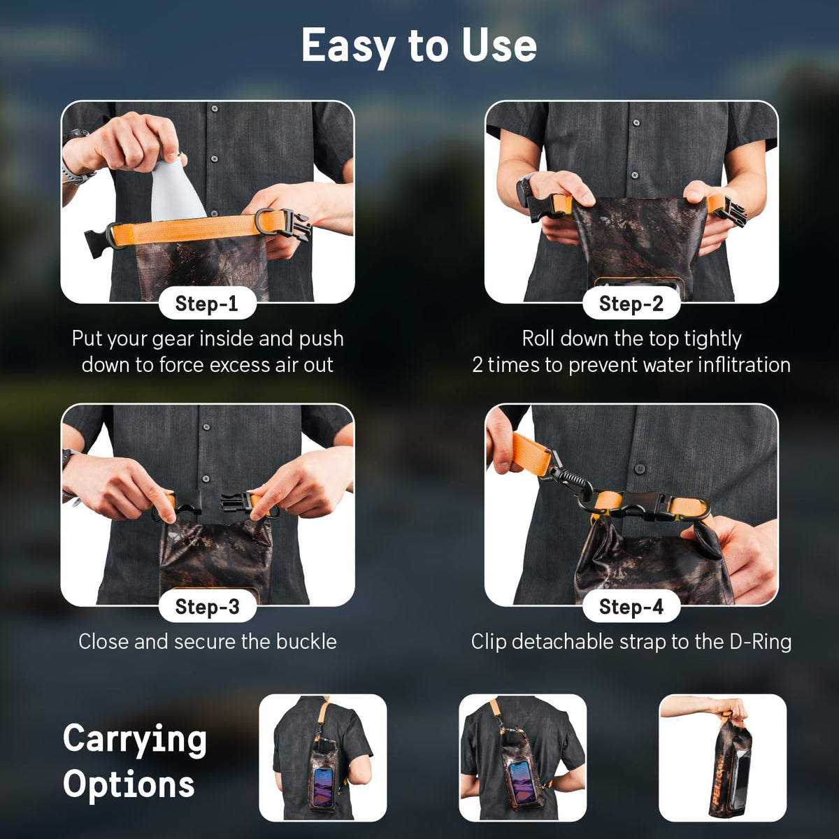 Pelican Marine IP68 Waterproof Dry Bag 2L - Roll Top Waterproof Backpack w/Phone Case/Pouch - Boating & Kayak Accessories - Essentials for Camping Swimming Beach Fishing Rafting Travel - Black/Yellow