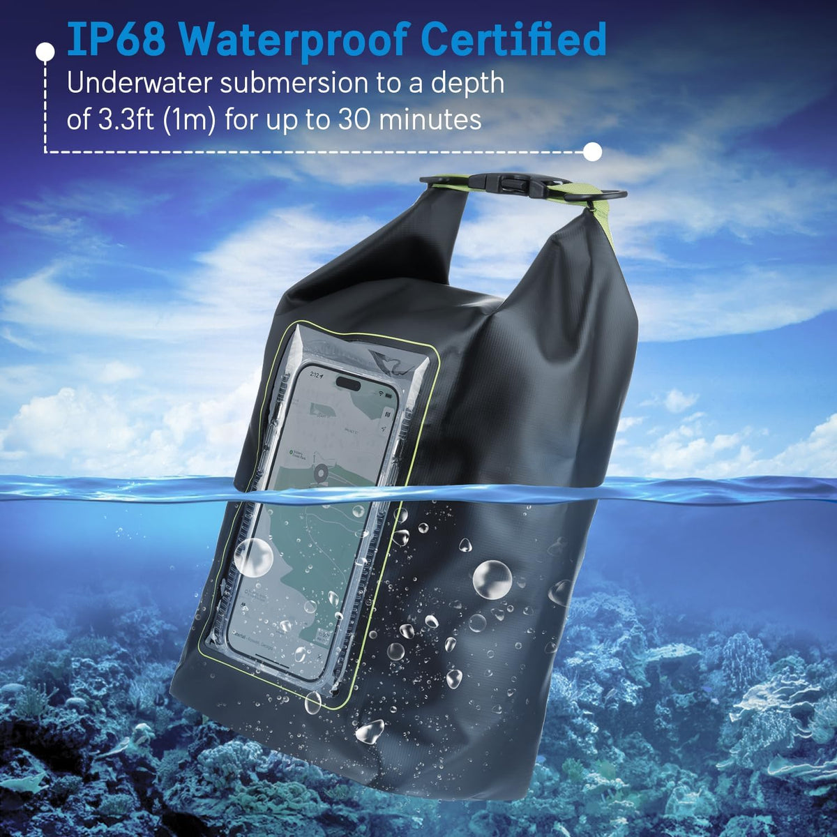 Pelican Marine IP68 Waterproof Dry Bag 2L - Roll Top Waterproof Backpack w/Phone Case/Pouch - Boating & Kayak Accessories - Essentials for Camping Swimming Beach Fishing Rafting Travel - Black/Yellow