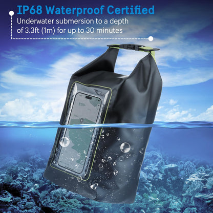 Pelican Marine IP68 Waterproof Dry Bag 2L - Roll Top Waterproof Backpack w/Phone Case/Pouch - Boating & Kayak Accessories - Essentials for Camping Swimming Beach Fishing Rafting Travel - Black/Yellow