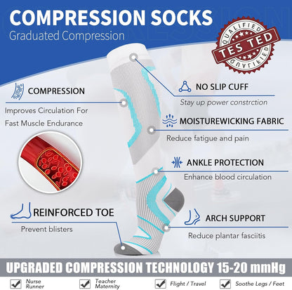 Sooverki Copper Compression Socks for Men & Women 8 Pack 15-20mmHg - Knee High Stockings Best Support for Running Athletic