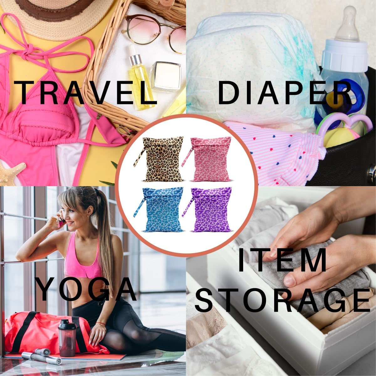 4 Pack Colorful Neon Leopard Print Wet Bag Waterproof Reusable Wet Dry Bag for Swimsuit Dirty Clothes Diaper Travel Pool Beach Yoga Gym Travel Party Birthday Christmas Toiletries Beach Essentials