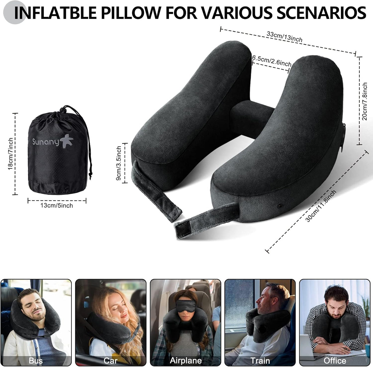 Sunany Travel Neck Pillow for Airplane Pillow Comfortably Supports Head, Neck and Chin, Inflatable Travel Pillow with Soft Velour Cover and Portable Drawstring Bag (Black, H-Shape)