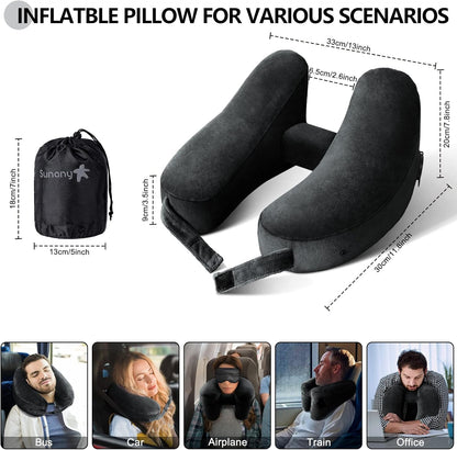 Sunany Travel Neck Pillow for Airplane Pillow Comfortably Supports Head, Neck and Chin, Inflatable Travel Pillow with Soft Velour Cover and Portable Drawstring Bag (Black, H-Shape)