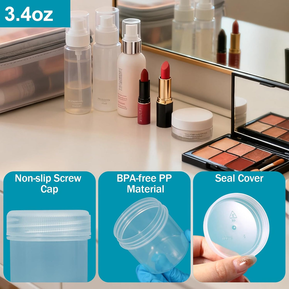 TSA Approved Wide Mouth Travel Size Containers, PP Clear Leak Proof Travel Plastic Jars with Lids for Creams Lotion Cosmetic, Jewelry Beads, Sample, Small Items Storage (1 oz, 4 Pcs)