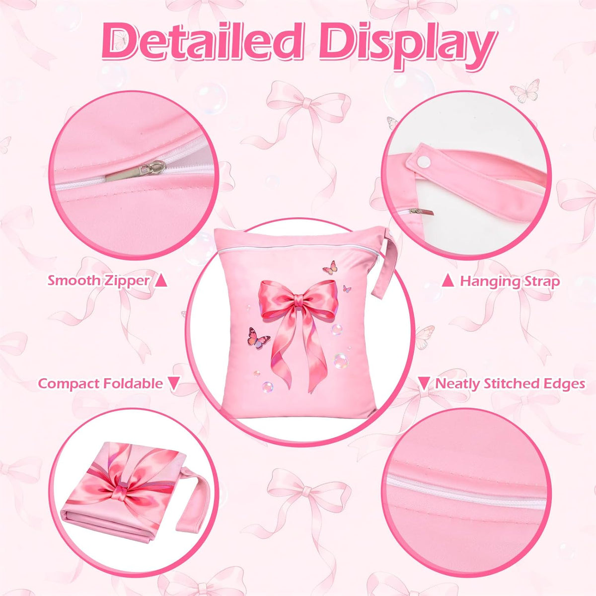 2 Pcs Large Travel Laundry Bags Waterproof Wet Dry Bag, Washable Dirty Clothes Bags for Travel，Drawstring, Bathing Suit, Workout, Gym Clothes Laundry, Swimming Pool & College Dorm, Pink Bow