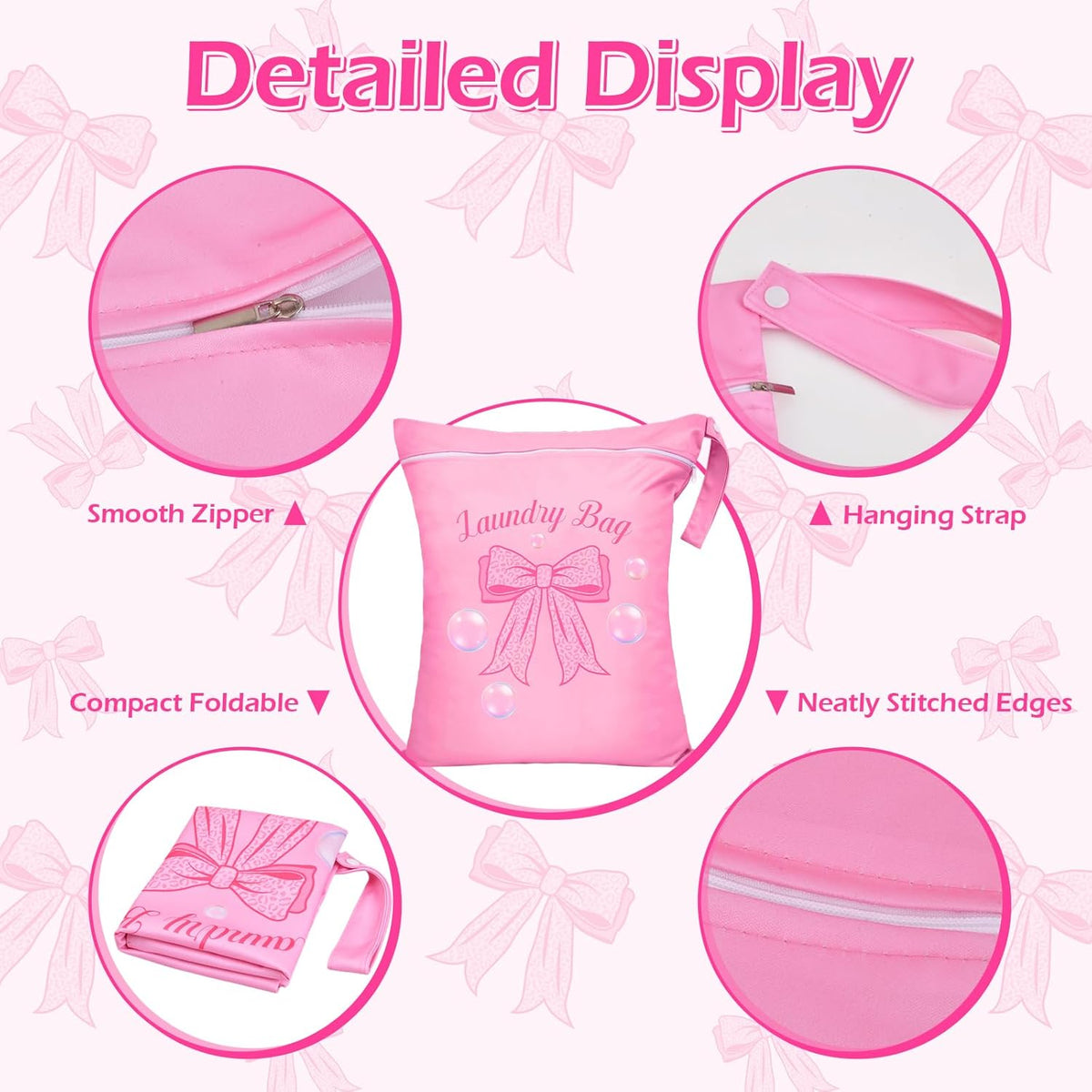 2 Pcs Large Travel Laundry Bags Waterproof Wet Dry Bag, Washable Dirty Clothes Bags for Travel，Drawstring, Bathing Suit, Workout, Gym Clothes Laundry, Swimming Pool & College Dorm, Pink Bow