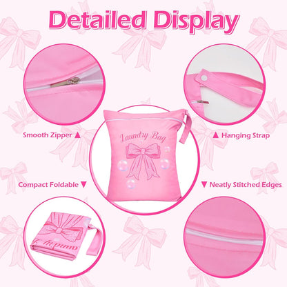 2 Pcs Large Travel Laundry Bags Waterproof Wet Dry Bag, Washable Dirty Clothes Bags for Travel，Drawstring, Bathing Suit, Workout, Gym Clothes Laundry, Swimming Pool & College Dorm, Pink Bow