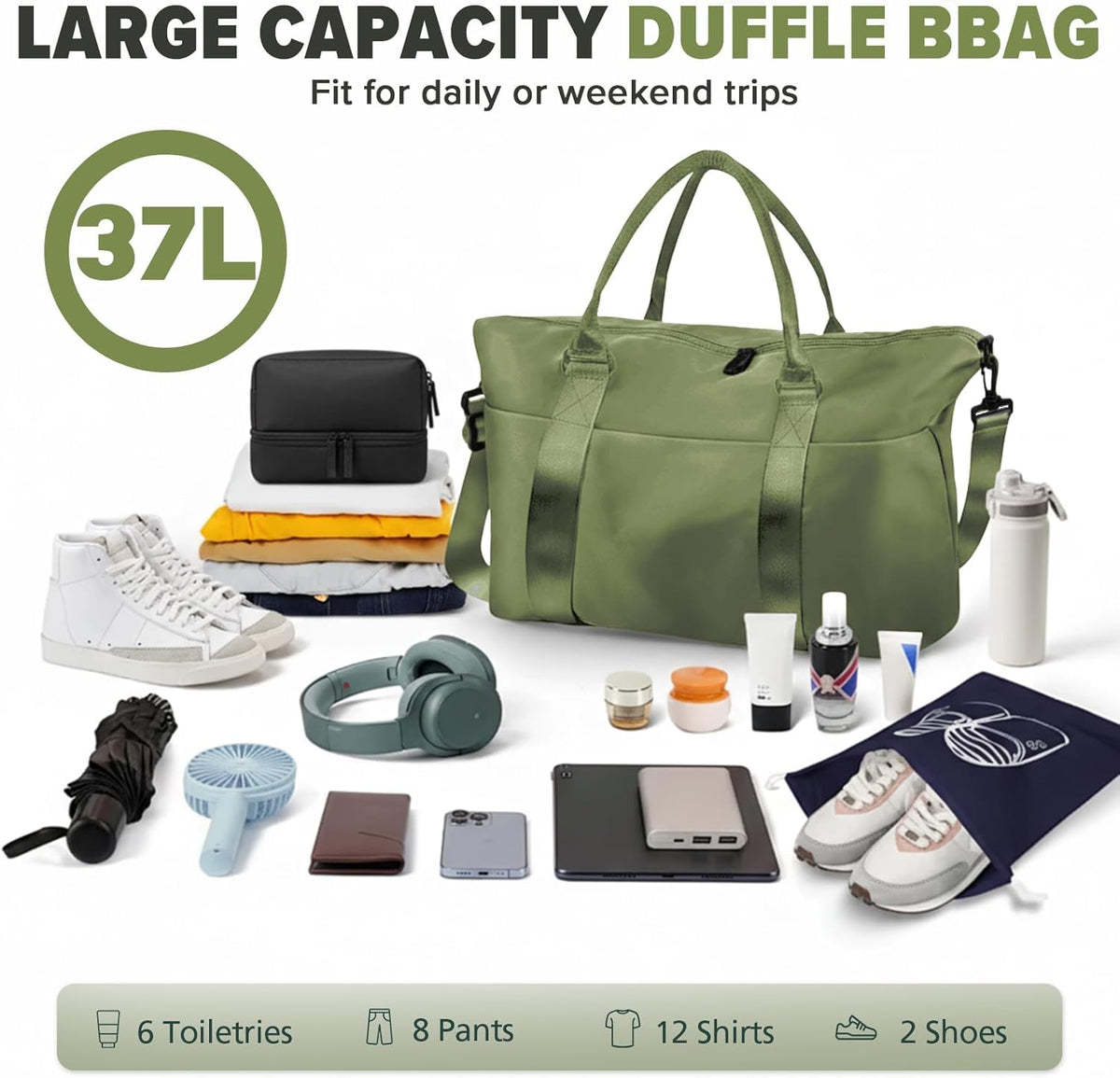 Travel Duffle Bag, Weekender Travel Bag Men Small Gym Bag for Women, Hospital Bag for Labor and Delivery, Overnight Bag Luggage Bag with Trolley Sleeve, Airplane Travel Essentials for Flying(Black)