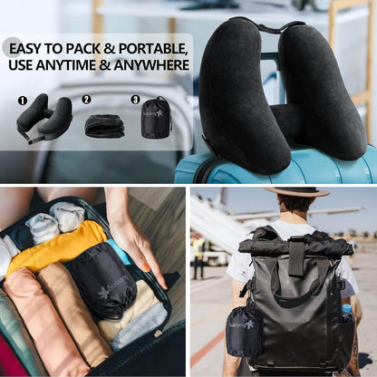 Sunany Travel Neck Pillow for Airplane Pillow Comfortably Supports Head, Neck and Chin, Inflatable Travel Pillow with Soft Velour Cover and Portable Drawstring Bag (Black, H-Shape)