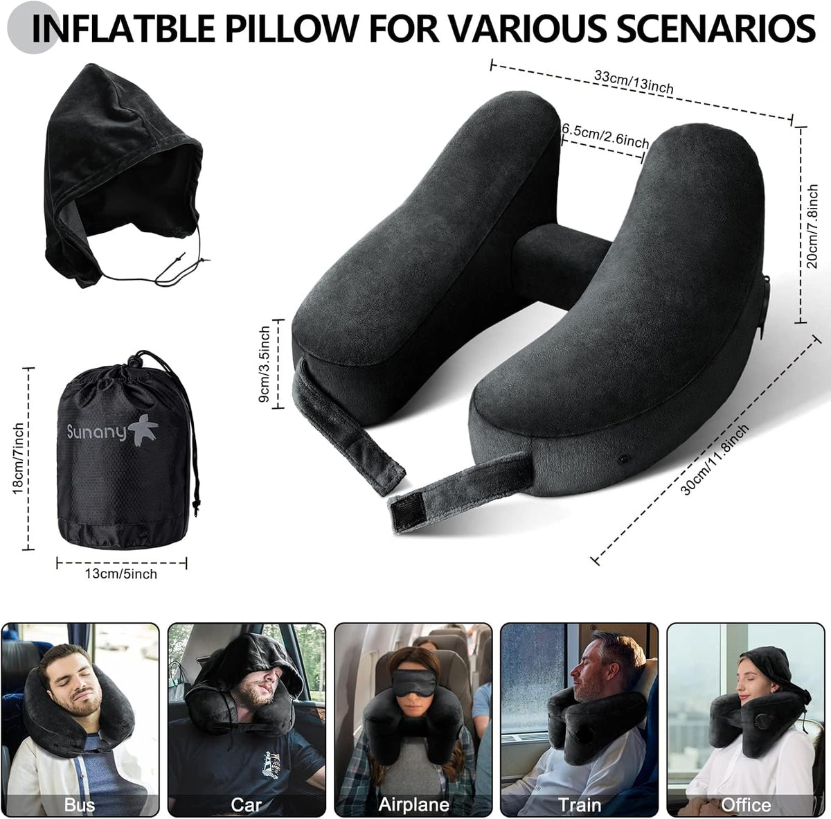 Sunany Travel Neck Pillow for Airplane Pillow Comfortably Supports Head, Neck and Chin, Inflatable Travel Pillow with Soft Velour Cover and Portable Drawstring Bag (Black, H-Shape)