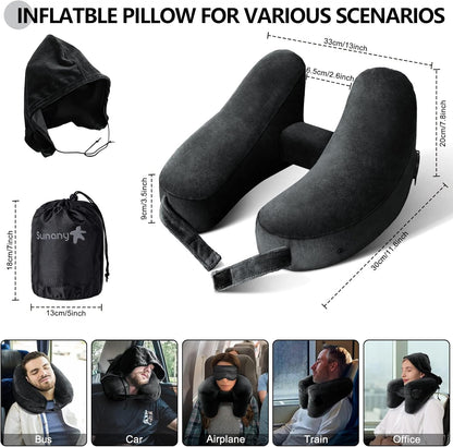 Sunany Travel Neck Pillow for Airplane Pillow Comfortably Supports Head, Neck and Chin, Inflatable Travel Pillow with Soft Velour Cover and Portable Drawstring Bag (Black, H-Shape)