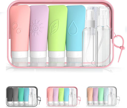 16-Piece Silicone Travel Bottles Set – TSA Approved Leakproof Toiletry Kit with Flat Easy-Squeeze Bottles, Pump & Spray, Waterproof Bag