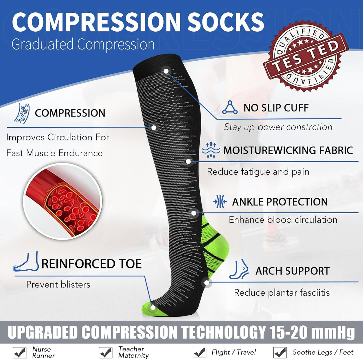 Sooverki Copper Compression Socks for Men & Women 8 Pack 15-20mmHg - Knee High Stockings Best Support for Running Athletic