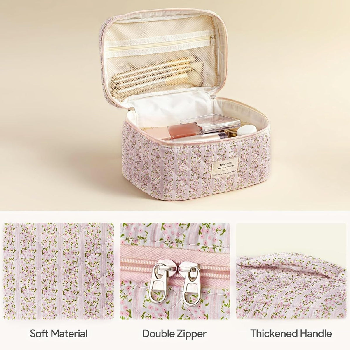 HBselect Quilted Makeup Bag, 3PCS Cotton Large Travel Makeup Bag, Cute Floral Coquette Make up Bag Cosmetic Bag Toiletry Bag for Women Girls - Colors A