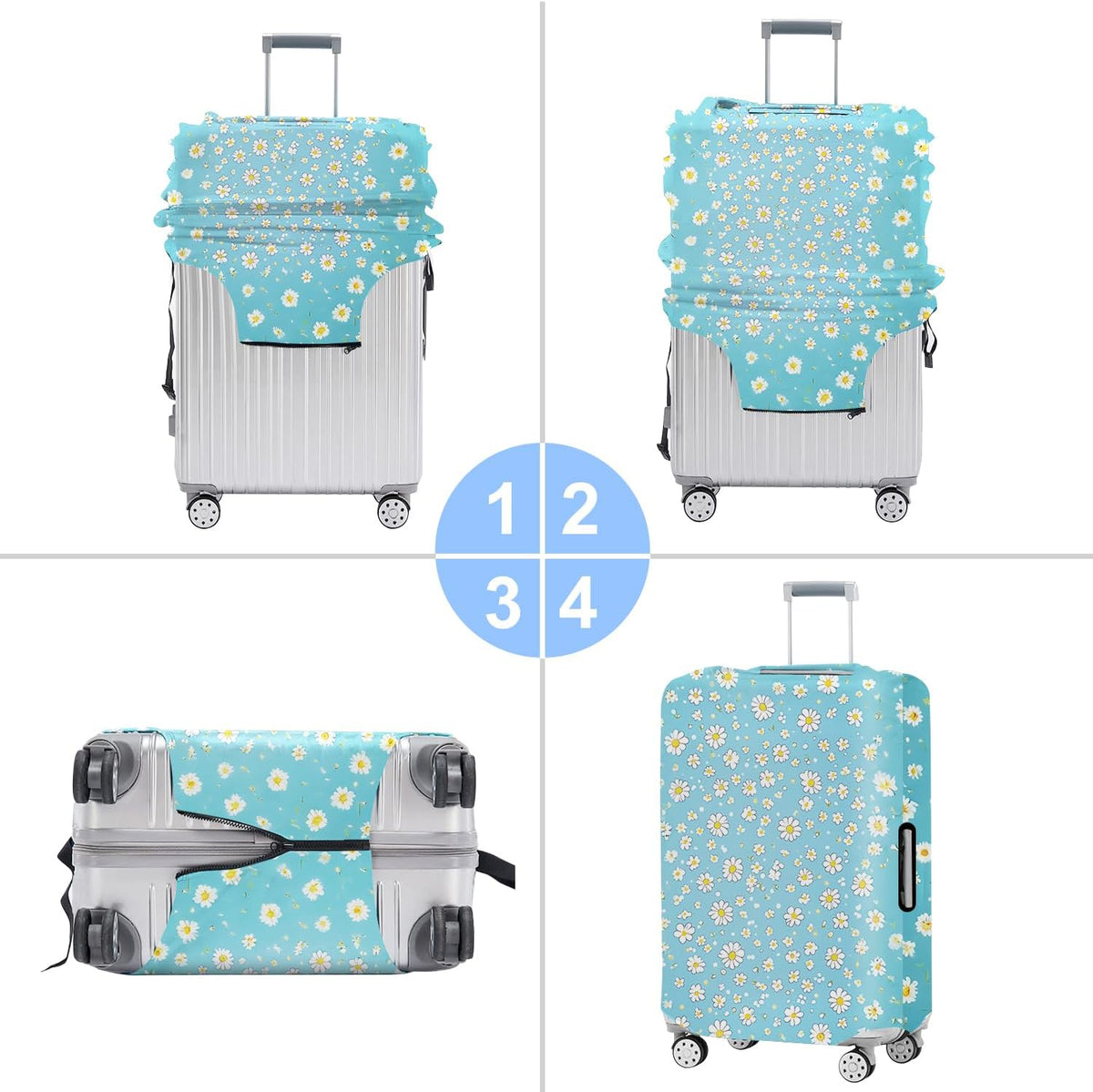 All Over Daisy Print Luggage Cover – Blue Suitcase Protector with White Floral Pattern, Washable Stretch Travel Case for 32-34 Inch Luggage,XL