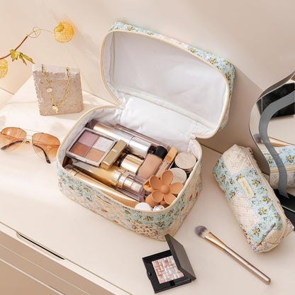 HBselect Quilted Makeup Bag, 3PCS Cotton Large Travel Makeup Bag, Cute Floral Coquette Make up Bag Cosmetic Bag Toiletry Bag for Women Girls - Colors A