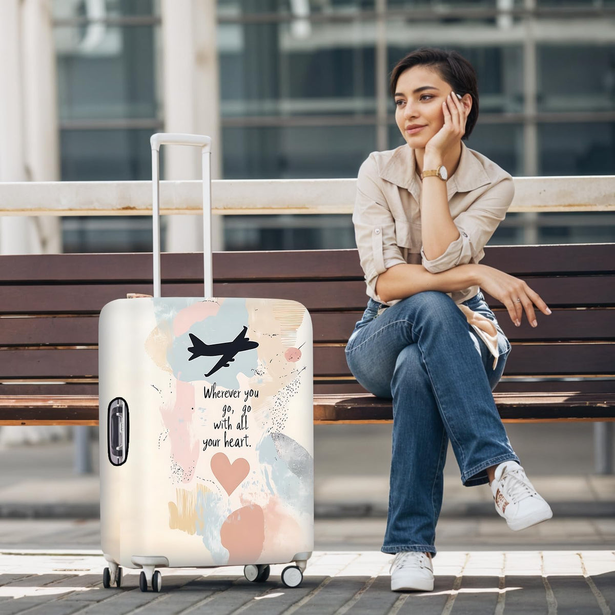 All Over Daisy Print Luggage Cover – Blue Suitcase Protector with White Floral Pattern, Washable Stretch Travel Case for 32-34 Inch Luggage,XL