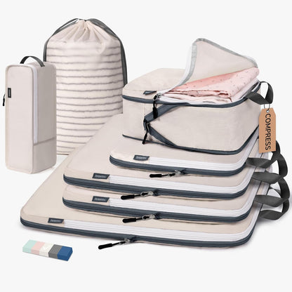 CherryNow Compression Packing Cubes, 7 Set Packing Cubes Compression, Travel Essentials, Travel Organizer for Shoes, Clothing, Grey