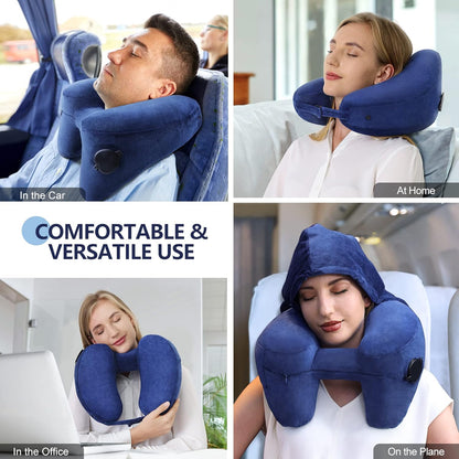 Sunany Travel Neck Pillow for Airplane Pillow Comfortably Supports Head, Neck and Chin, Inflatable Travel Pillow with Soft Velour Cover and Portable Drawstring Bag (Black, H-Shape)