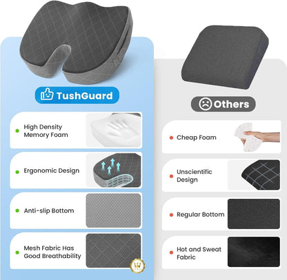 TushGuard Seat Cushion, Memory Foam Office Chair Cushion - Grey, Large