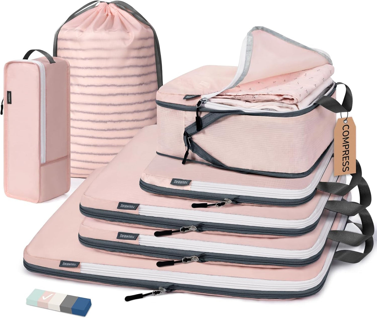 CherryNow Compression Packing Cubes, 7 Set Packing Cubes Compression, Travel Essentials, Travel Organizer for Shoes, Clothing, Grey