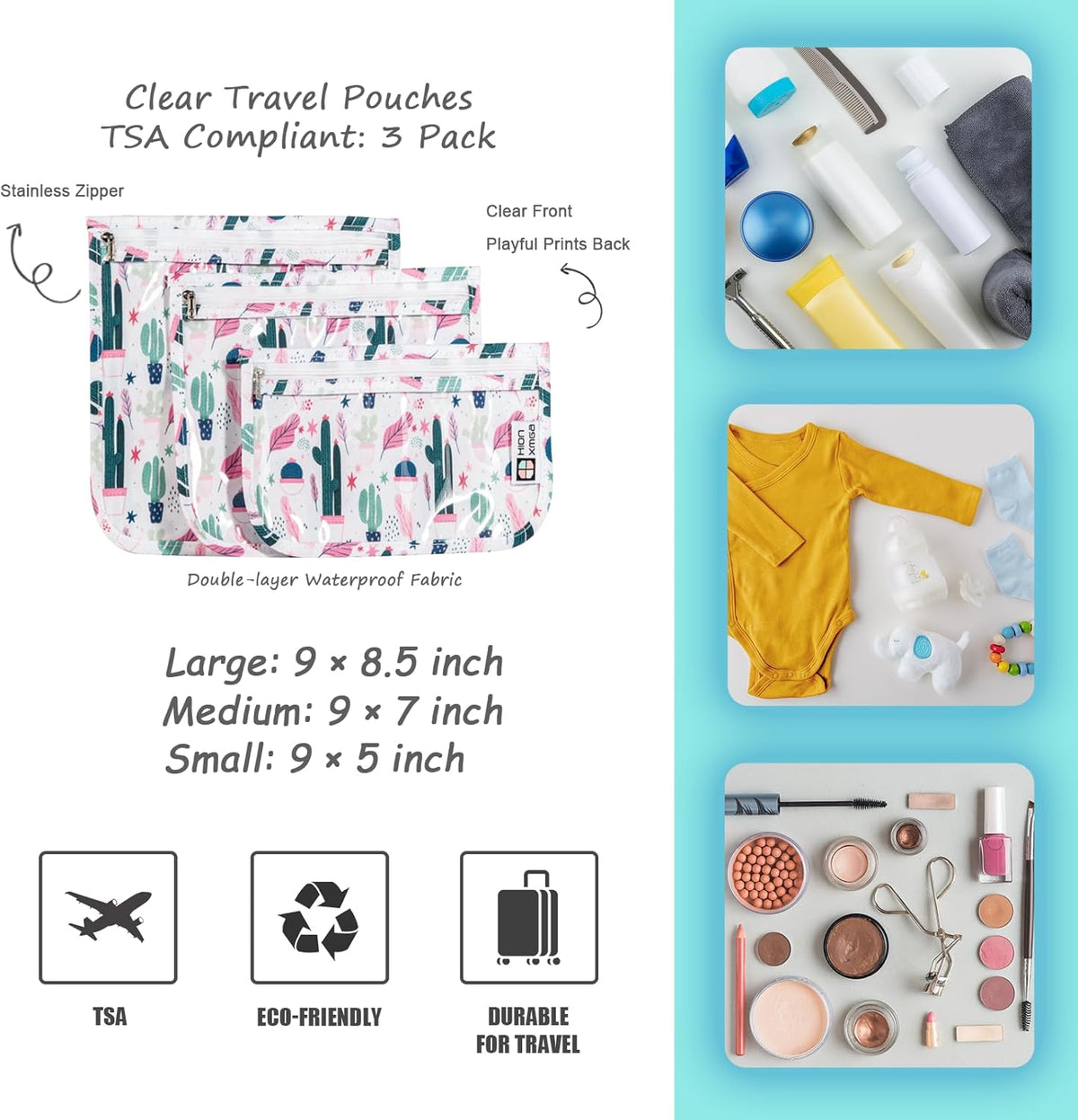 HIONXMGA TSA Approved Toiletry Bag, Set of 3 Clear Travel Toiletry Bag Quart Size Zipper Travel Pouch, Waterproof Makeup Cosmetic Bag for Women Men Kids Toiletries Carry on, Cacti A