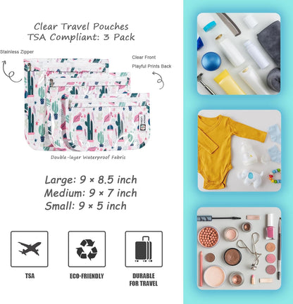 HIONXMGA TSA Approved Toiletry Bag, Set of 3 Clear Travel Toiletry Bag Quart Size Zipper Travel Pouch, Waterproof Makeup Cosmetic Bag for Women Men Kids Toiletries Carry on, Cacti A