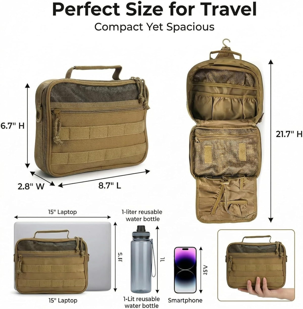 Mens Toiletry Travel Bag, Tactical Toiletry Bag for Men, Bathroom Dopp Kit Hanging Travel Toiletry Bag for Men Shaving Hygiene Bag Travel Toiletry Organizer Short Trips Bag, Brown